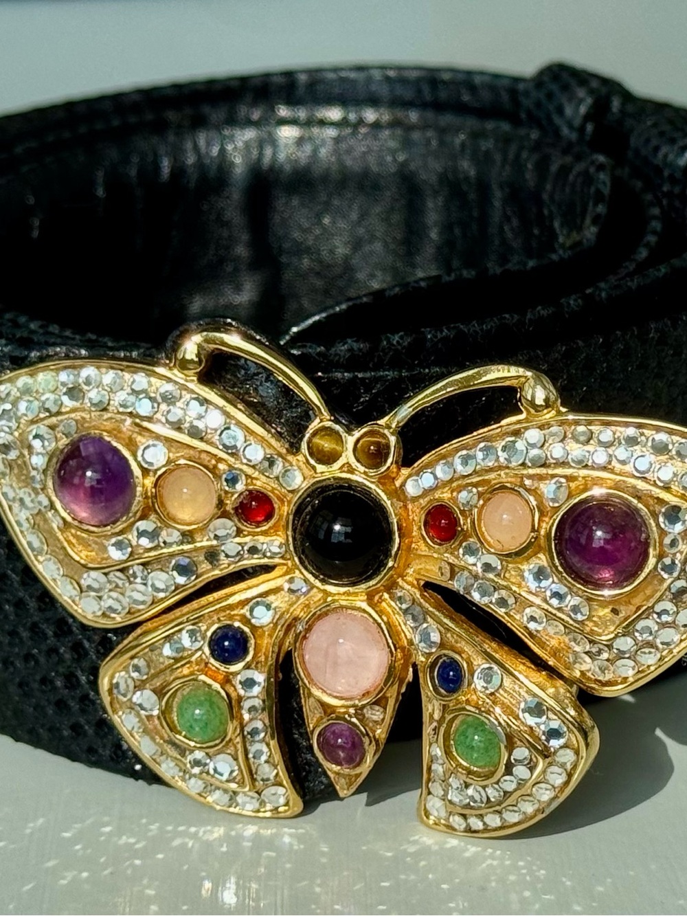 Vintage 80s Judith Leiber Butterfly Jeweled Adjustable Black Leather Belt Signed - Picture 2 of 10